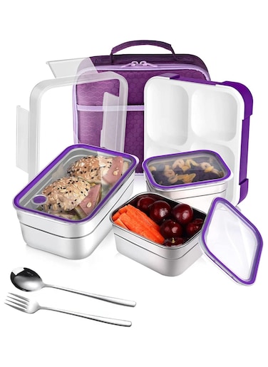 Stainless Steel Lunch Box for Kids Adults,Insulated Bento Lunch Box with Tableware &amp; Bag,1260ML 3 Compartment Divided Lunch Containers with Lids,Leakproof   BPA Free   Dishwasher Safe（Purple）