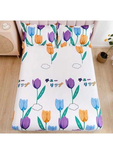 3-Piece Moxie King Size Printed Fitted Sheet Set Microfiber Multicolour 200x200+30cm