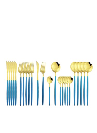 Flatware Serving Set 24 Piece, Stainless Steel Silverware Set, Green Gold Cutlery Set, Modern Elegant Tableware Set for Party, Christmas, Dinner (Blue Gold)