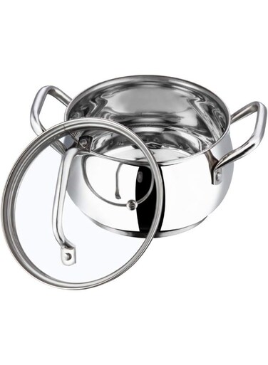 Almaty Stainless Steel Saucepot with Glass Lid, 1.3 Litre, 14 cm   2.6mm Thick Base   Riveted Handle   Induction &amp; Gas Base