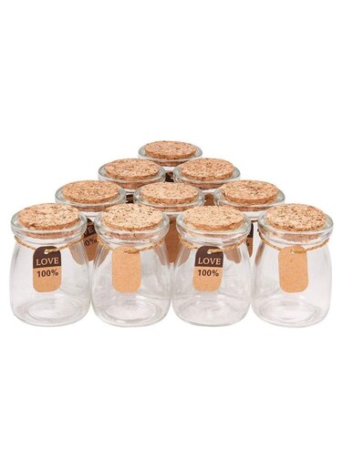 10 Pack Glass Favor Jars with Cork Lid, 3.4 oz Small Glass Pudding jar Bottles for Wedding Favor, Baby Shower, Party Favor, Gift Jars for Candy, with Label Tags and String