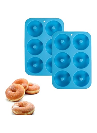 Duomama Set of 2 Silicone Donut Moulds for 6 Doughnuts - Food Grade Bagels Baking Pan, Non-Stick, Dishwasher &amp; Microwave Safe - Heat Resistant Bakeware (Blue)