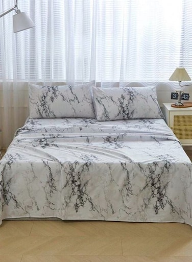 Home 4 Pieces Bedsheet Set, White Marble.