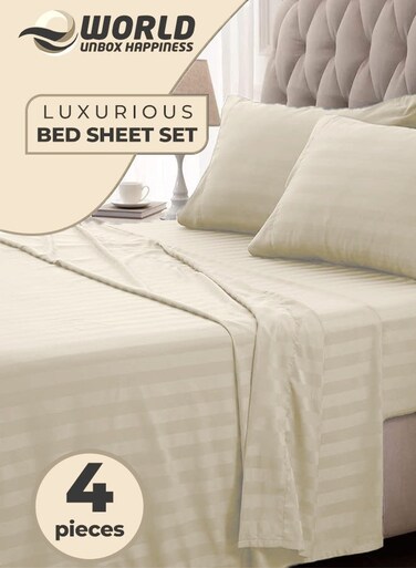 4-Piece Luxury Cream Striped Bedding Set Includes 1 Regular Bedsheet, 1 Fitted Bed Sheet, and 2 Pillow Cases for Ultimate Hotel-Inspired&Acirc;&nbsp;Sophistication in King, Queen and Single Sizes