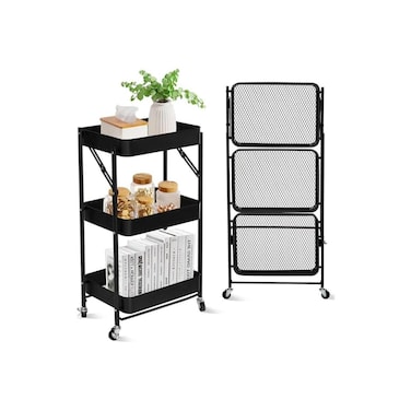 3-Tier Rolling Utility Cart with Mesh Panels, Mobile Storage Organizer with Wheels, Black