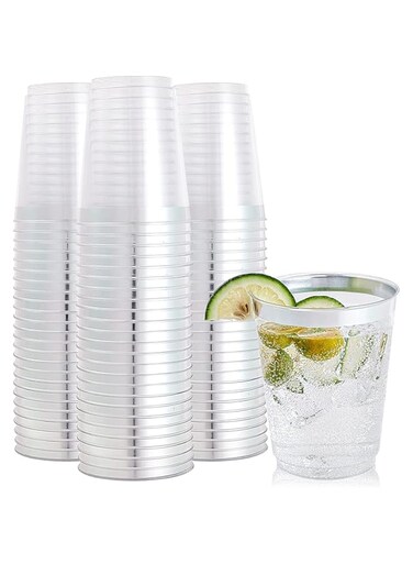 KASTWAVE Silver Rimmed Plastic Cup, 10oz Clear Plastic Cups Tumblers, Fancy Disposable Hard Plastic Cups with Gold Rim for Wedding Cups Elegant Party Cup - 20Pack