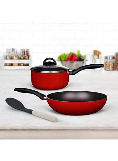 Rossetti&reg; Rosso 4 Piece Made in Italy Quality Cookware Set 28cm Non-Stick Wok + 18cm Non-Stick Saucepan + Nylon Extra Big Server Kitchen Utensil Dishwasher Safe PFOA-free Metallic Red