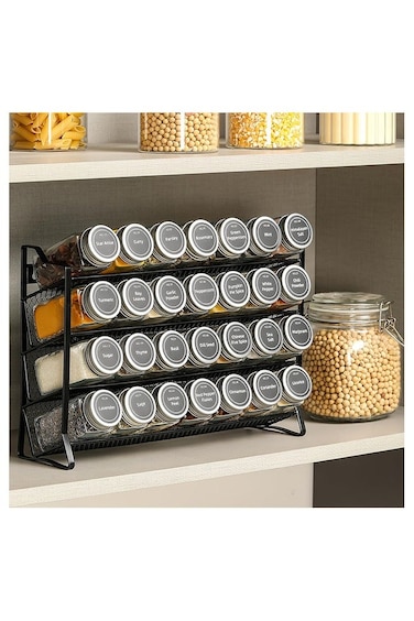 Spice Rack Organizer for Cabinet, Spice Organizer with 28 Empty Spice Jars with Black Lids, Funnel, Spice Labels, Seasoning Organizer for Countertop, Cabinet, Kitchen, Pantry, Cupboard