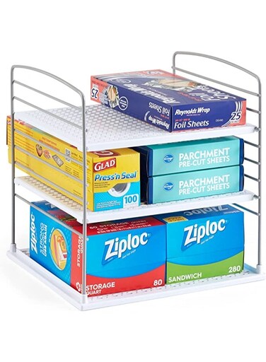 UpSpace Cabinet Box Organizer, Adjustable Kitchen and Pantry Shelf for Plastic Wrap and Foil Storage, Large, White