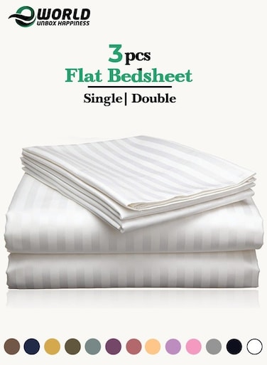 3 Piece Luxury White Striped Bed Sheet Set with 1 Flat Sheet and 2 Pillowcases for Hotel and Home Crafted from Ultra Soft and Breathable For All Seasons Microfiber for Year-Round Comfort (Single/Double)