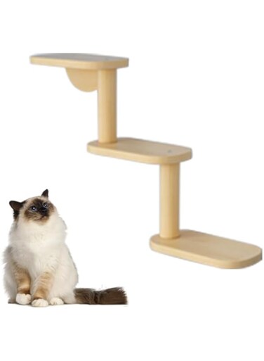NeoStyle Cat Wall Shelf, Cat Wall Furniture Set and Wall Perch, Floating Cat Wooden Climbing Furniture with 4 Cat Shelves, 2 Cat Houses, 2 Ladders and 1 Cat Scratching Post (Stairs (3 levels))
