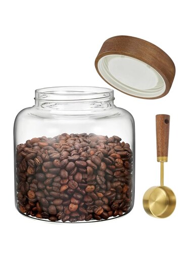 Foyofly Glass Food Storage Jar with Lids Spoon Thicken Glass Coffee Canister Borosilicate Glass Food Containers for Ground Coffee Beans Nut Pasta Sugar Candy Spice Rice Loose Tea (1200ml(40oz) B)