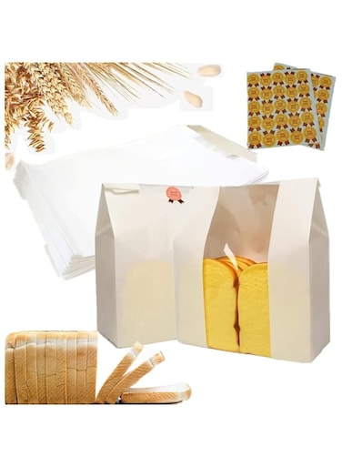 AoMige 50-Pack Large Kraft Bread Bags with Clear Front Window, White Bakery Coffee Cookie Snack Bags with 50 Label Seal Stickers