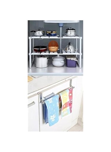 YumLock Kitchen Sink Dish Rack Adjustable 2 Tier White + Casa Copenhagen Stainless Steel Towel Bar Holder (Silver)