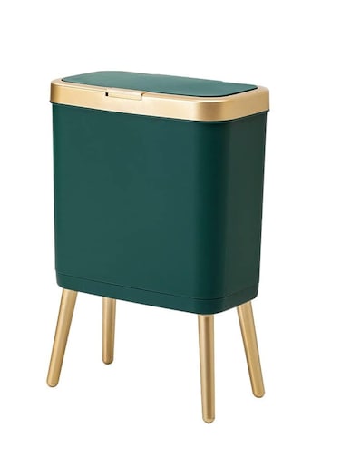 Bathroom Trash Can with Gold Edge,Office Trash Can with Lid,Modern Narrow Garbage Can with Legs, Slim Plastic Trash Bin for Bedroom, Living Room,Kitchen,Toilet