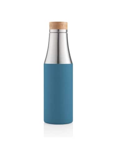 Hans Larsen Stainless steel water bottle with wooden cap   Insulated Water Bottle with Bamboo lid with Protective Silicone Sleeve   Sustainable water bottle with premium design (Blue)