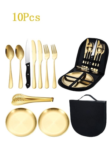 10-Piece Stainless Steel Outdoor Cutlery Set - Camping &amp; Picnic Portable Utensils with Plates, Knife Fork Spoon for BBQ Grilling, Dishwasher Safe