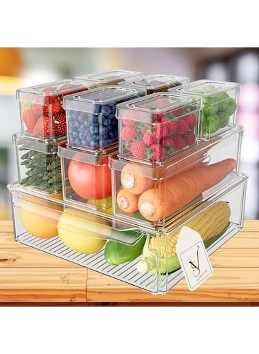 Viewstar 10 Pack Fridge Organizers, Stackable Refrigerator Organizer Bins with Lids, BPA-Free Clear Fridge Storage Containers for Fruit, Vegetable, Food, Drinks, Cereals, Storage Bins