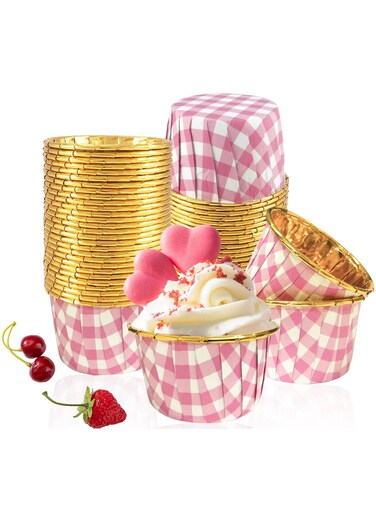 seven Glam Up Your Baking: 50 Pack Pink Checkered Foil Cupcake Liners - 3.5 Oz Muffin Cups for Mini Cakes. Stylish Gold Accent Wrappers for Delightful Baking Creations.