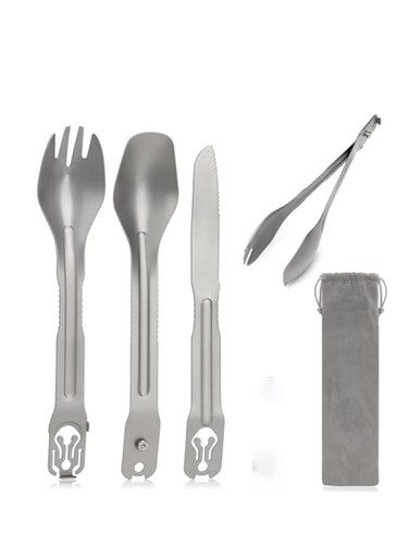 Portable Travel Silverware Set, 5-in-1 Camping Utensils, Detachable Cutlery, Stainless Steel Flatware Multitool Set, Tongs Fork Spoon Knife, Reusable Travel Cutlery Set for Backpacking Hiking Picnics