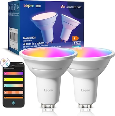 Lepro BG1 AI Smart Bulbs GU10, 400lm 4.5W Spotlight Bulb Dimmable, RGB 2700K-5700K, 50W Halogen Equivalent, Personalized AI Lighting Designer, Voice Control Music Sync, Bluetooth &amp; WiFi Bulb, 2 Packs