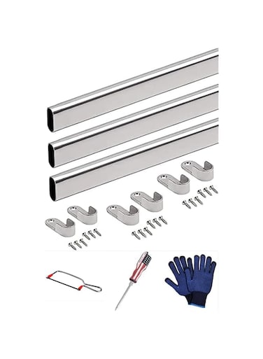 ABBASALI 95 Cm Wardrobe bar   Clothes Rod - Closet and Cupboard Organizer   Chromed Steel with Fittings - Easy Installation   Pack of 3 With Screwdriver,Gloves &amp; Mini Hacksaw Frame