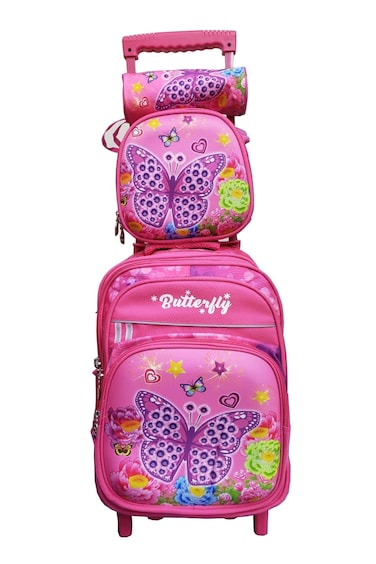 Cartoon Printed Kids School Trolley Backpack Set, 3 Pieces, 16.5 Inch Rolling Bag Lunch Box Pencil Case.Pink ButterFly