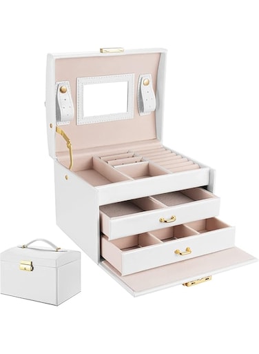 Nnewvante Jewellery Box Organizer,3 Tier Jewellery Organizer with Lock and Drawer,Portable Jewellery Rack,Removable Lattice Tray Organizer for Earrings Rings Necklaces Bracelets Sunglasses (White-03)