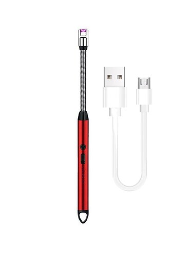 Electric BBQ Lighter 360 Degree Windproof Flameless Flexible Neck Long USB Type-C Rechargeable Electric Candle Arc Lighter With LED Battery Display Red
