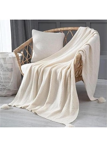 Knitted Throw Blankets, Cozy Lightweight Decorative Throw, Warm Woven Blanket with Tassels for Couch Sofa, Bed and Living Room, All Seasons Suitable for Women, Men and Kids (Beige, 120X150cm)