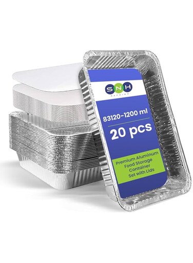 SNH Packing Disposable Aluminium Rectangle Containers 1200Ml With Lids Heavy Duty Aluminum Foil Trays Containers With Board Lids For Cooking, Roasting, Baking - Pack Of 20 Pieces.