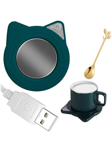 GNAFOTU [1+1Pack] USB Mug Plate Warme,Self Heating Mug Insulation Creative Coaster with Gold Plated Stainless Steel Spoons (Green)