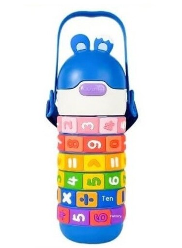 Kids Math's Learning Water Bottle - Stainless Steel, Vacuum Insulated, Leak Proof with Straw &amp; Strap, BPA Free and Portable 430ml (Blue)