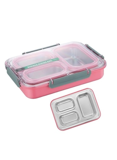 Stainless Steel Bento Lunch Box for Kids and Adults Leakproof Food Containers with 3 Compartments Reusable Airtight Lunch Container for School Office, Pink 1.2L