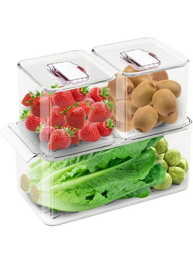Tazweeq 3 Pcs Produce Saver Containers, for Refrigerator, Food Fruit Vegetables Storage, with Vented Lids &amp; Removable Drain Tray, Stackable Freezer Fridge Organizer, Fresh Keeper Drawer Bin Basket