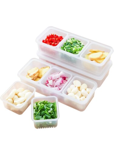 3 Pcs Chilled Ingredient Container, Stackable Food Storage Box, Split Serving Tray with Lid, 9-Compartment Reusable Boxes for Fruit, Salad, Spices, Meal Prep, Kitchen Organization (Transparent)