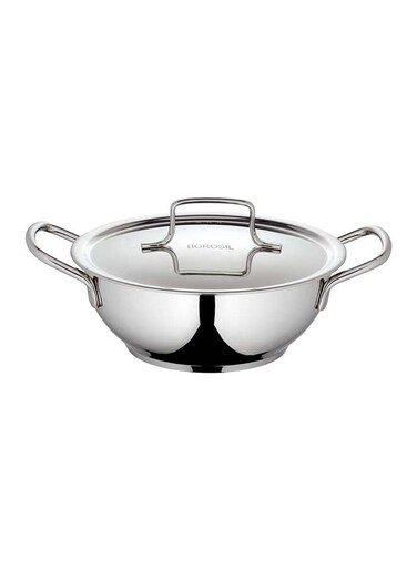 Stainless Steel Deep Kadhai With Lid, Impact Bonded Tri-Ply Bottom, 3.3L, Silver