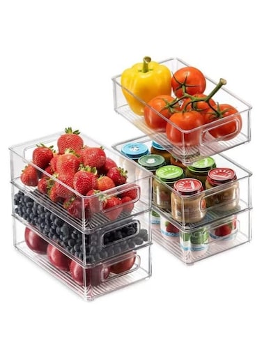 6-Piece Food Storage Bins Refrigerator Organizer with Handles for Fridge Clear Plastic BPA Free Food Storage Box 26*7.5*15cm