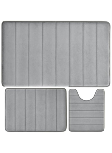 JUNARIS Memory Foam Bathroom Rug Set 3 Piece, Non Slip Extra Soft Absorbent Washable &amp; Dry Toilet Bath Mat Sets (Grey)