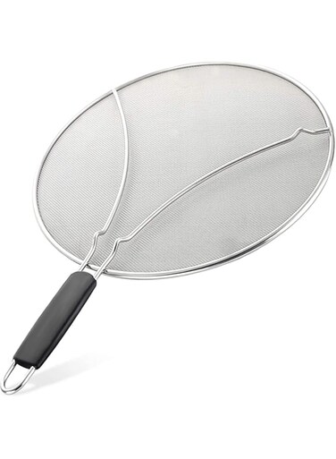 Khazna Grease Splatter Screen for Frying Pan, Splatter Guard with Silicone Handle, Stops 99% Hot Oil Splash, Stainless Steel Fine Mesh Oil Shield with Resting Feet