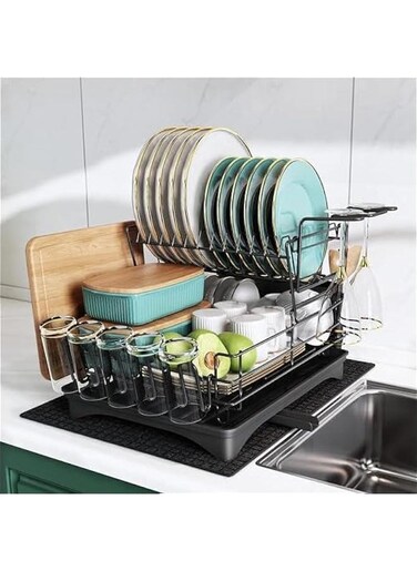Dish Drying Stand, Drying Rack for Kitchen Counter, Stainless Steel Large Dish Strainer with Drainboard Set for Sink, 2 Tier Dish Drainers with Utensil Holder, Cups Holder,Extra Drying Mat