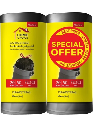 CHOICE 50 Gallons, Pack of 40-Pieces, Size 75x103 cm (20 Trash Bags X 2 Rolls), Drawstring Garbage Bags Rolls, Bio-Degradable, Bin Liners with Ribbon Neck Tie