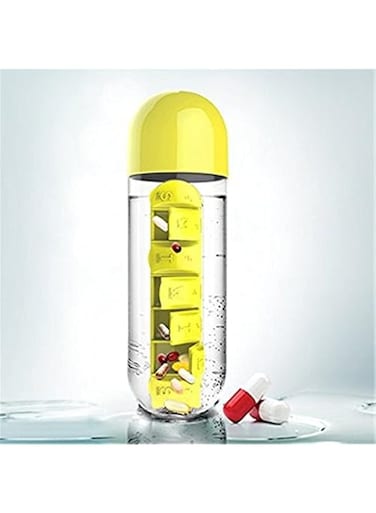 Generic Yellow: 600Ml Plastic Water Bottle Daily Pill Box Organizer Seven Compartment Bottle Sports Combine Outdoor Leak-Proof