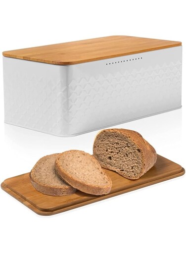 White Bread Box For Kitchen Countertop - Bread Box With Bamboo Wood Cutting Board Lid - Farmhouse White Bread Boxes - Metal Large Bread Box Modern Style To Extend Freshness - Bread Storage Container