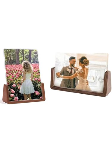 Duomama 5x7 Walnut Wooden Double Sided Acrylic Glass Photo Frame - Horizontal Vertical Tabletop Display - Brown Frame for Family &amp; Partners - Desktop Gift
