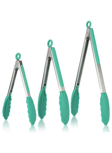 U-Taste Kitchen Tongs, 7/9/12 inches Cooking Tongs, with 600&ordm;F High Heat-Resistant Non-Stick Silicone Tips, 18/8 Stainless Steel Handle, for Food Grill, Salad, BBQ, Frying, Serving, Pack of 3(Teal)