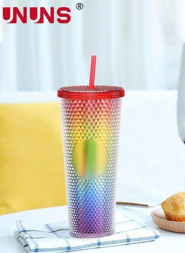 Coffee Cups With Straw And Lid,24oz Studded Tumbler Plastic Cup,Rainbow Double Walled Tumbler For Travel,Office,Home