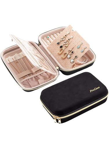 ProCase Large Travel Jewelry Organizer Case, Jewellery Home Storage Book Ring Binder with Clear Pockets for Presentation, Zippered Pouch Bag for Earrings Necklaces Bracelets -Black
