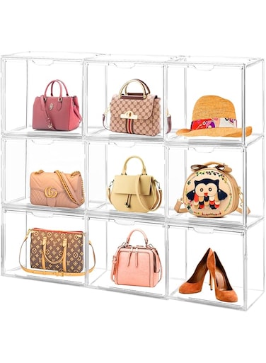 Cutora 1Pack Clear Handbag Purse Storage Organizers for Closet Acrylic Handbag Purse Bins with Lids Shoes Toy Display Plastic Case Anti Dust Luxury Stackable Bag Container Box with Magnetic Door