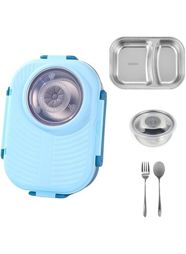 Alleisure Stainless Steel Bento Lunch Box for Kids and Adults, Stackable BPA-Free Food Container with 2 Compartments, Reusable Sauce Bowl, Fork, and Spoon (Sky Blue)